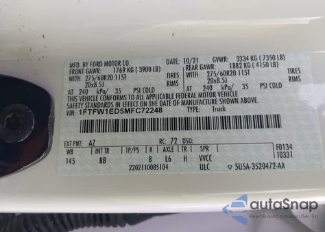 2021 Ford F150 Supercrew из США, поврежденный, VIN 1FTFW1ED5MFC72248